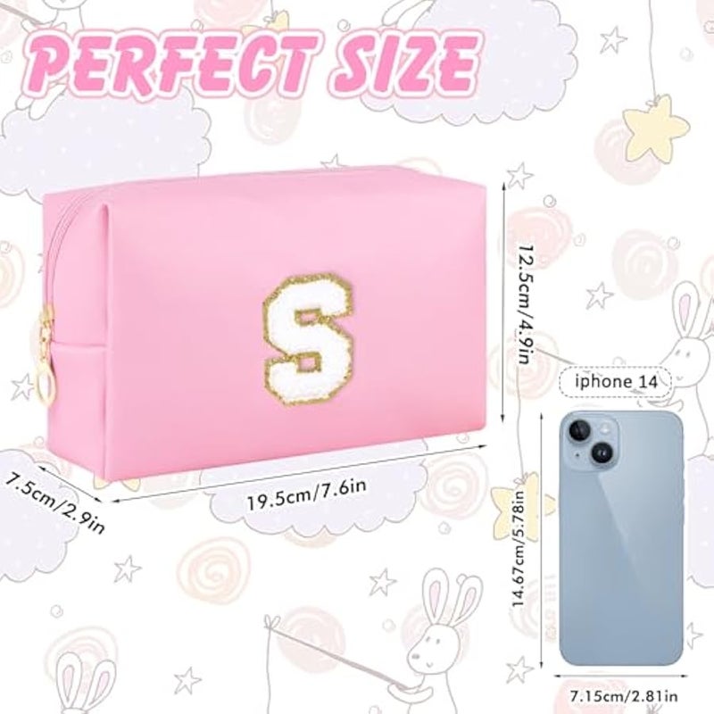Patch Makeup Bag Travel Small Cosmetic Bag Pink PU Makeup Pouch Zippered Personalized Preppy Initial Skin Care Stuff Bag for Women Birthday Gift Teen Girl Gifts Trendy Stuff(S) - Image 4